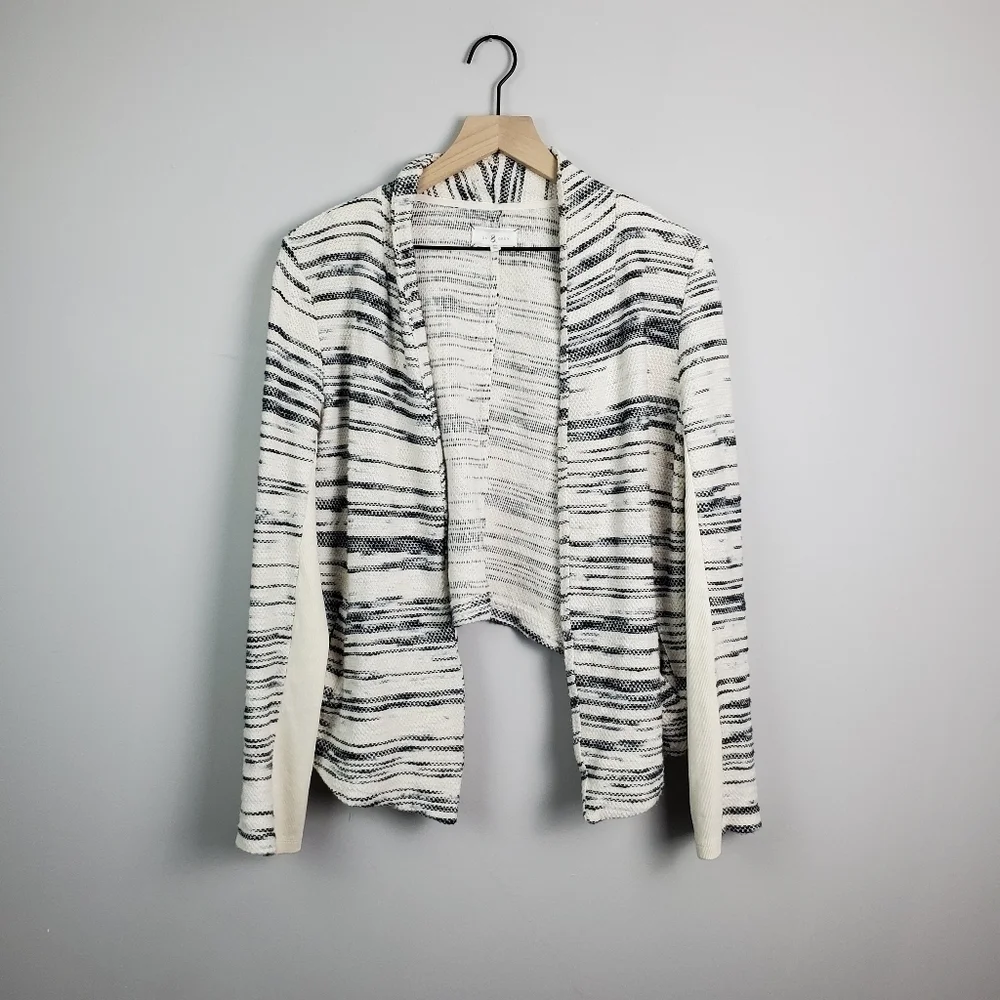 Lou & Grey Cropped Knit Open Blazer Jacket Cream Black Striped Medium 378980
